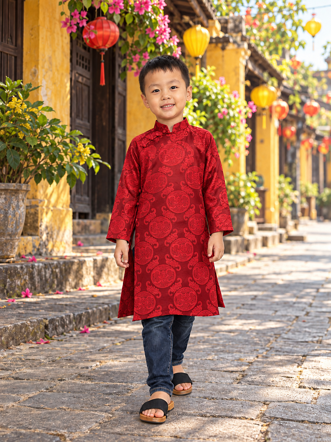 Red ao Dai gấm for boy Gd59D