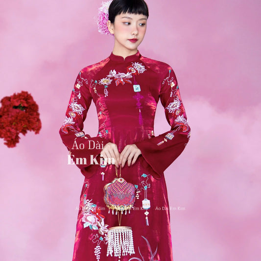 Áo Dai Red Flowers xx pattern Embroidery | Pre-made Vietnamese Dress for Lunar New Year Ao Dai Viet Nam|Ao Dai Cach Tan with Pants U2