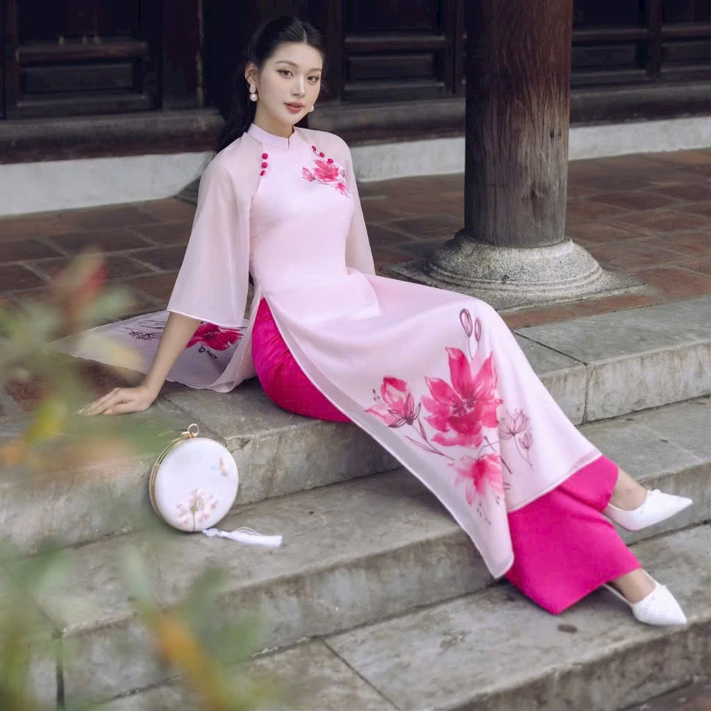 Pink watercolor flowers  print design Ao Dai Vietnam  P05