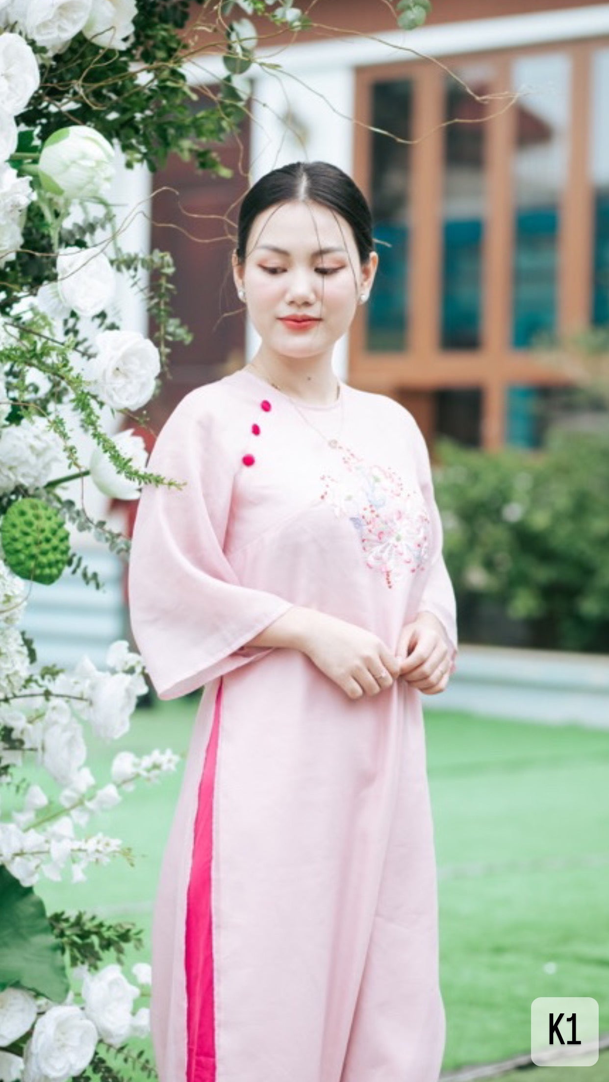 Pink Embroidery Ao Dai Silk Modern | K01