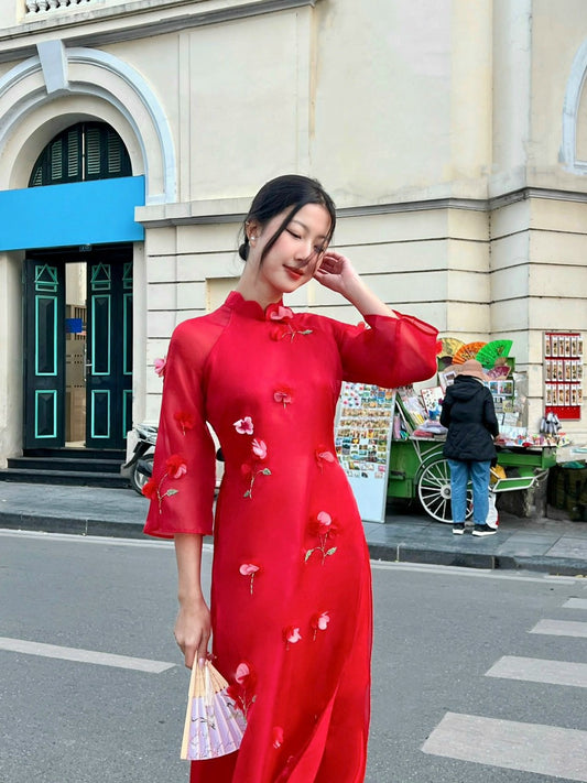 Red flowers Ao dai sets  with red pants |G34