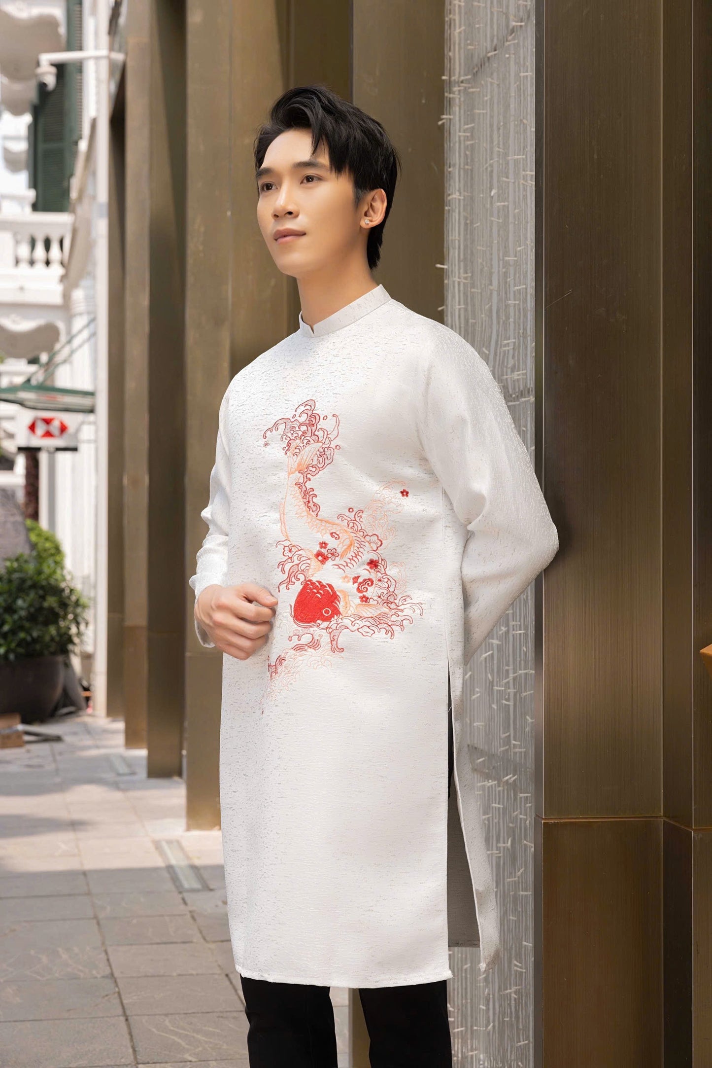 White Ao Dai Men|  Embroidery Ao Dai for mens(No pants included) |Lunar New Year | Vietnamese traditional ADN41