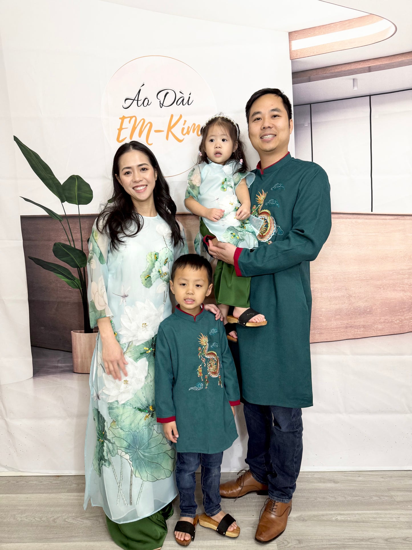 Green Lotus Family Matching Ao Dai, Pre-made Modernized Vietnamese Ao Dai, Ao Dai Lunar New Year/Matching Ao Dai Tet|GD55