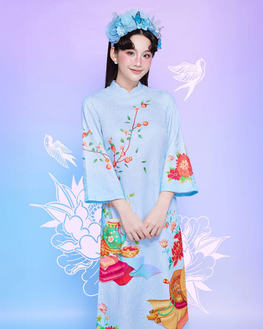 Gấm xốp cao cấp áo dài in hoa xanh ngọc