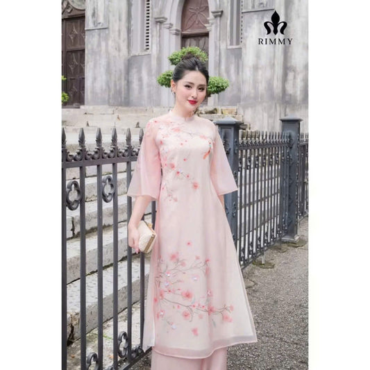 Pink   flowers Ao Dai| Pre-made Vietnamese Dress for Lunar New Year Ao Dai Viet Nam|Ao Dai Cach Tan with Pants Q23