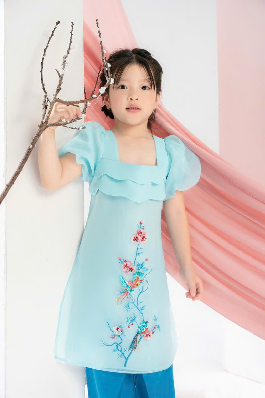 Blue Mommy and me matching ao dai set for women and girl| Ao Dai Me va Be modern silk organza| | Lunar New Year| MB55