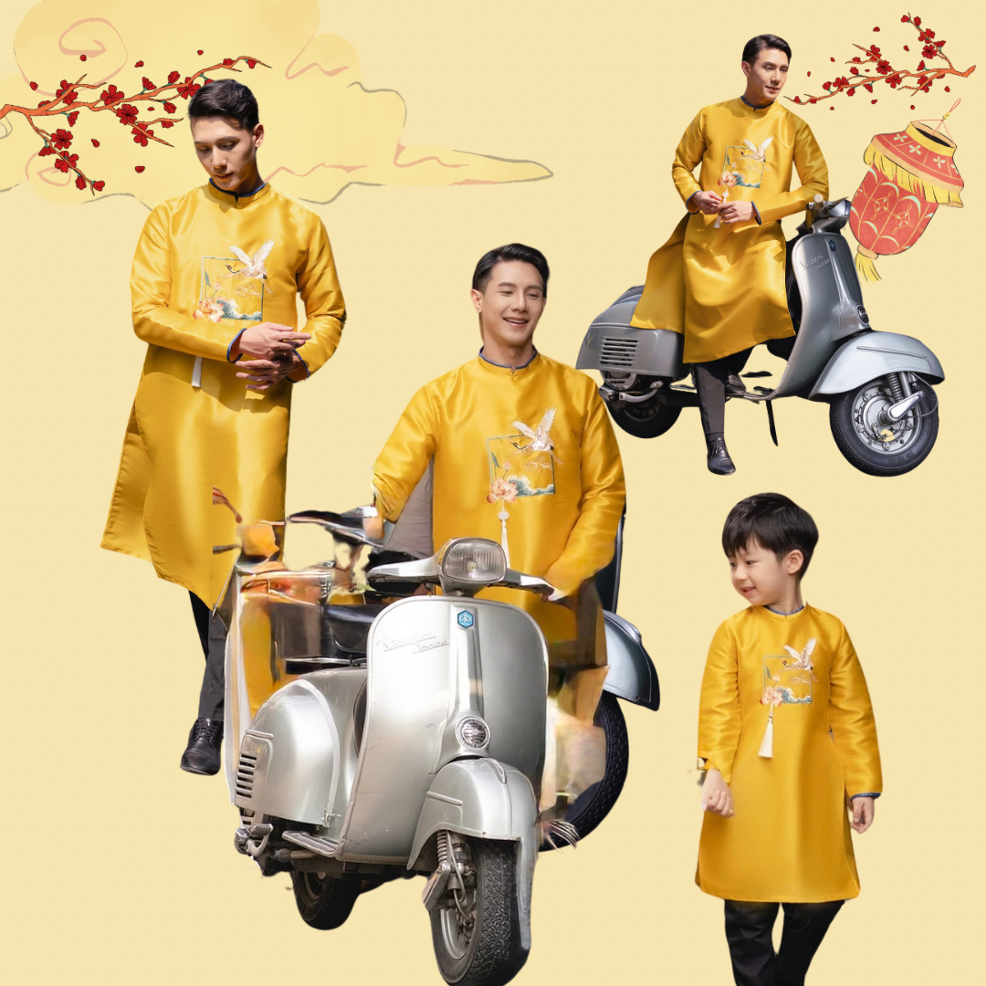 Yellow Embroidery Dad and Boy Ao dai  NO PANTS| Ao Dai Kids| Pre-made Traditional Vietnamese Ao Dai | Lunar New Year | Ao Dai for Boy |ADN17 (Copy)