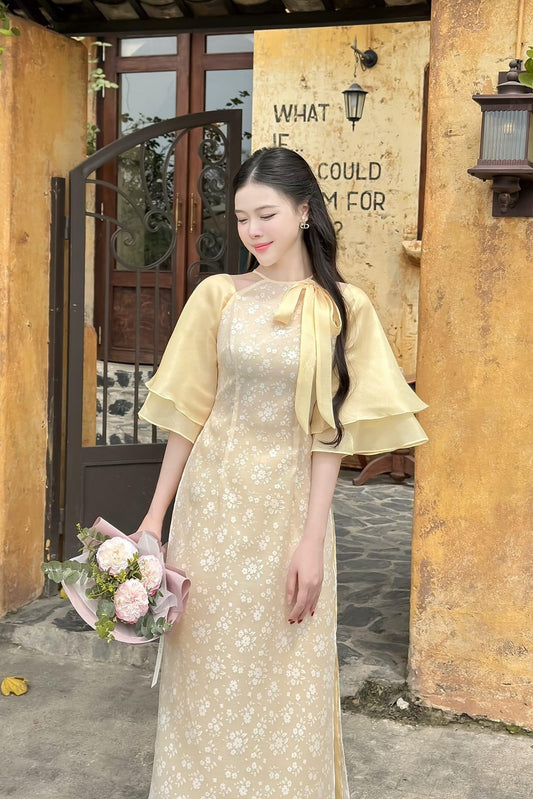 Cổ yếm Ao dai Yellow Mini flowers modern bow neck | pre-made ao dai Viet Nam set for women |Lunar New Year