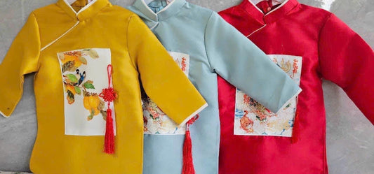 Yellow Ao Dai Boy taffte Print bird with tassel