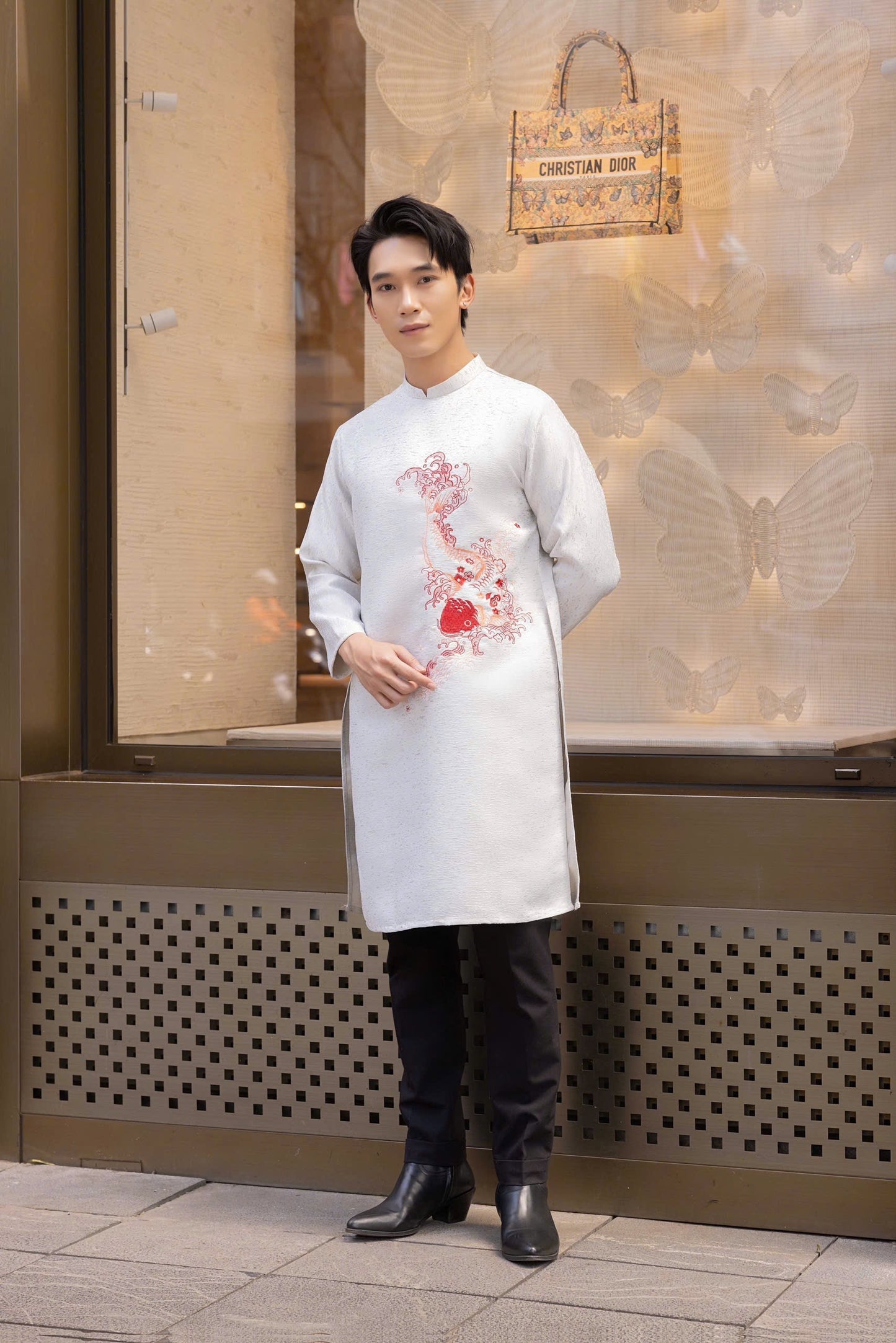 White Ao Dai Men|  Embroidery Ao Dai for mens(No pants included) |Lunar New Year | Vietnamese traditional ADN41