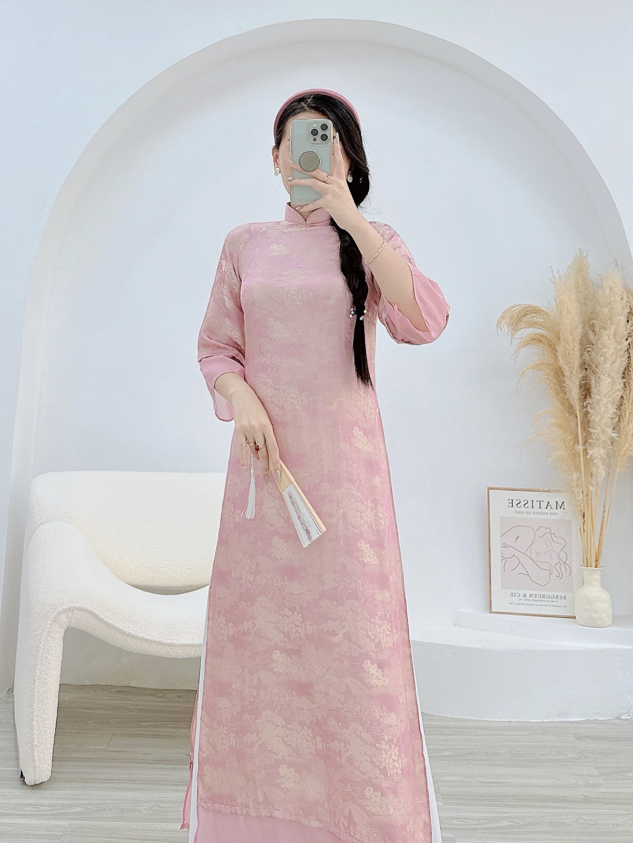 Pink/Blue Ao Dai  Modern design print silk P01