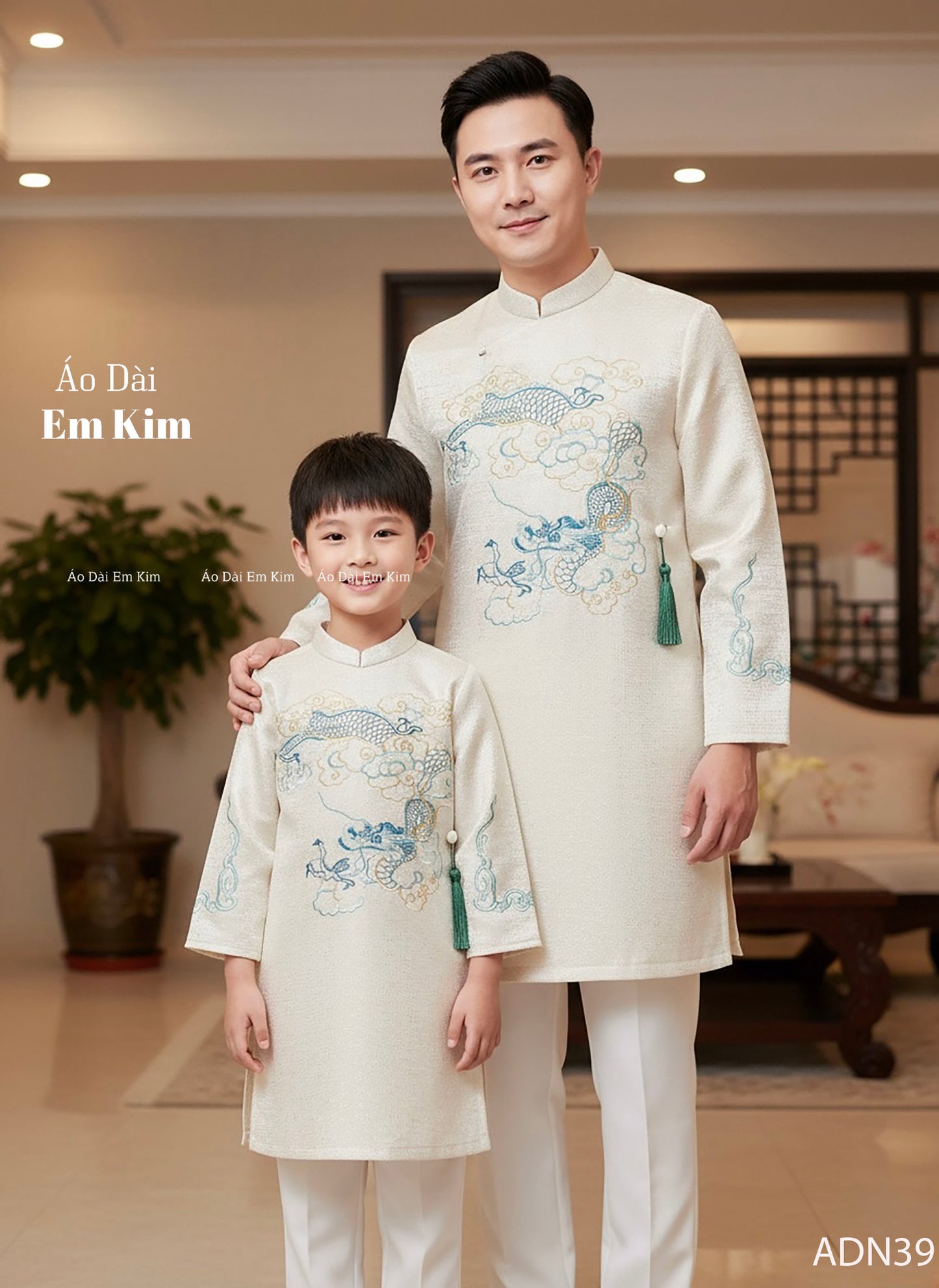 White Dragon  TH Embroidery Dad and Boy Ao dai  NO PANTS| Ao Dai Kids| Pre-made Traditional Vietnamese Ao Dai | Lunar New Year | Ao Dai for Boy |ADN39