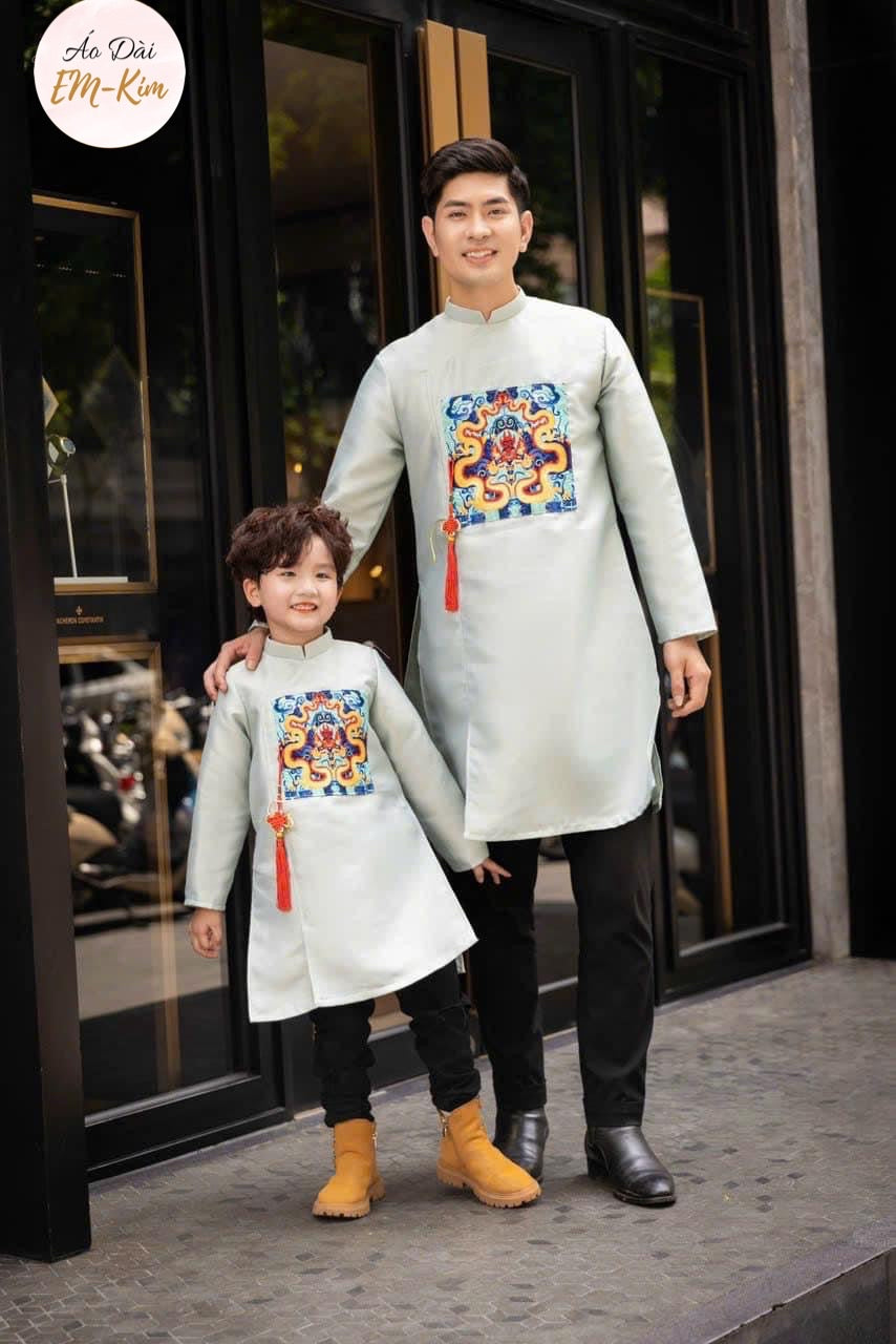 Family matching Ao Dai blue print silk, Ao Dai Vietnam, Ao Dai Lunar New Year for kids, Ao Dai dress family, Girl Boy women Ao Dai Tet|GD10