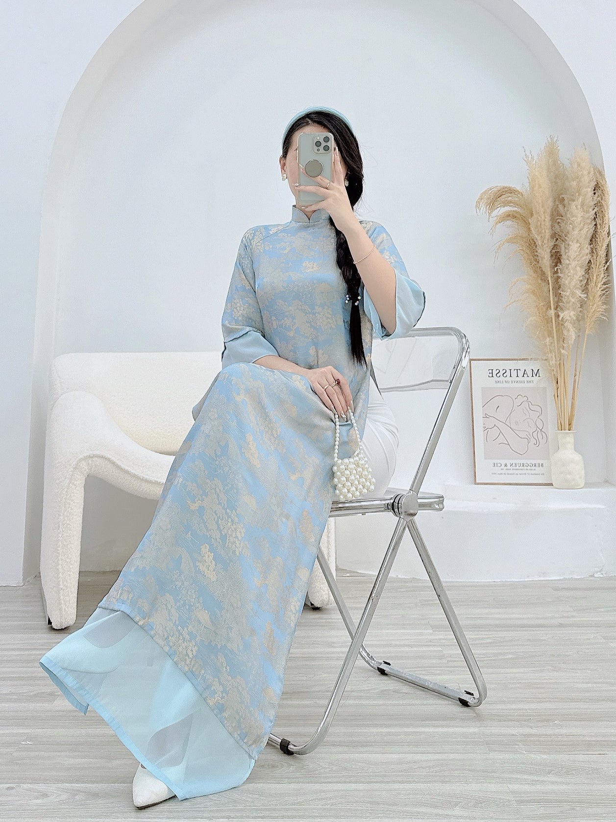 Pink/Blue Ao Dai  Modern design print silk P01