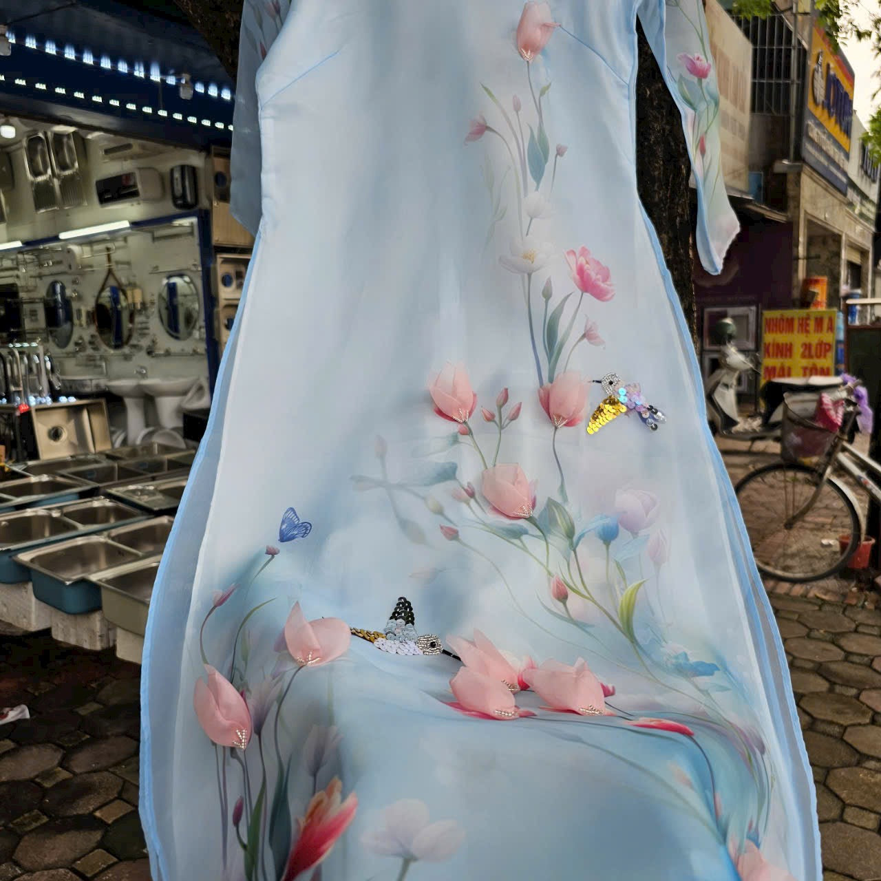 Blue organza 3D flowers design Ao Dai P04