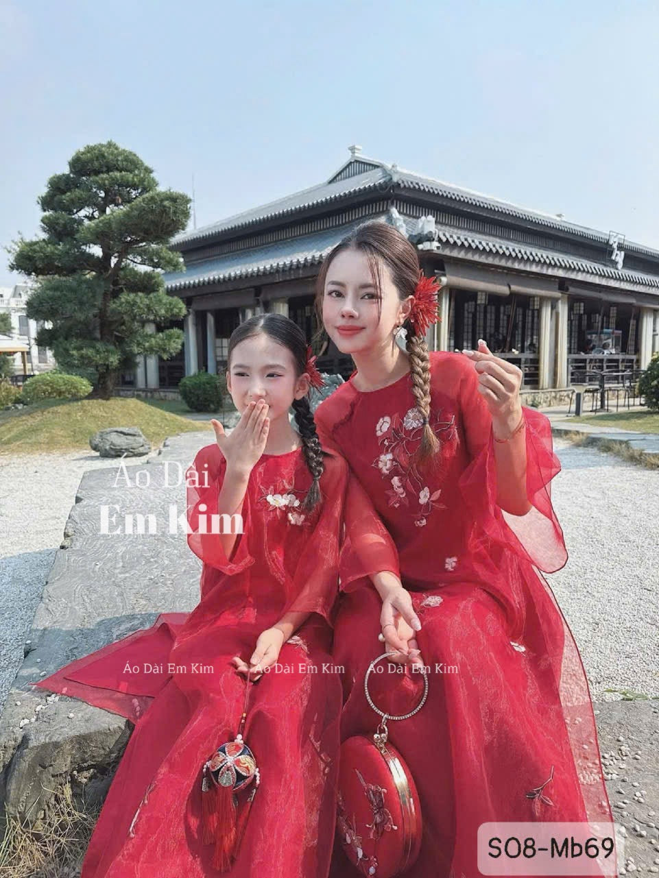 Ao dai Red embroidery Mommy and me matching| Ao Dai Me va Be modern silk organza| | Lunar New Year| T15