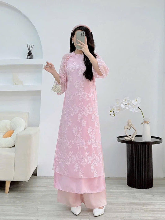 Light pink lace plain Ao Dai Cach tan| Pre-made Vietnamese Dress for Lunar New Year|Ao Dai Cach Tan with Pants M01