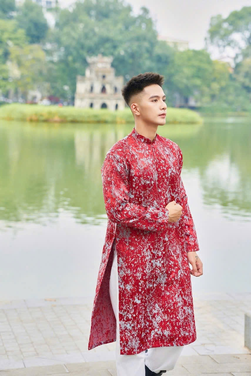 Red Ao Dai Men|printed  ao dai for men tapta(No pants included) Lunar New Year | Vietnamese traditional   ADN24