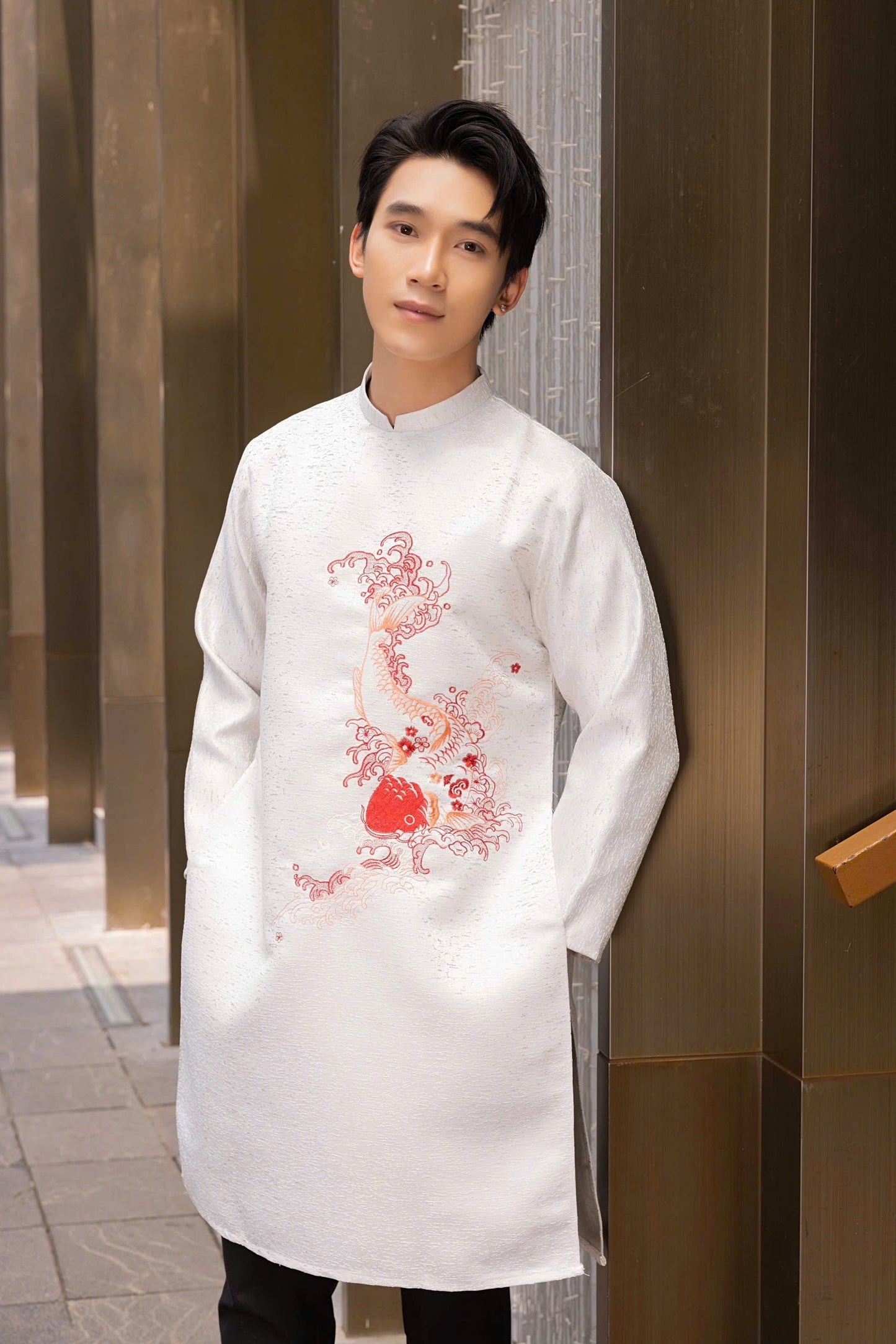 White Ao Dai Men|  Embroidery Ao Dai for mens(No pants included) |Lunar New Year | Vietnamese traditional ADN41