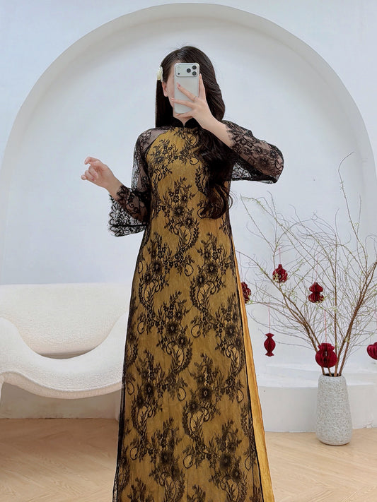 LACE black / gold áo Dài Ren B50