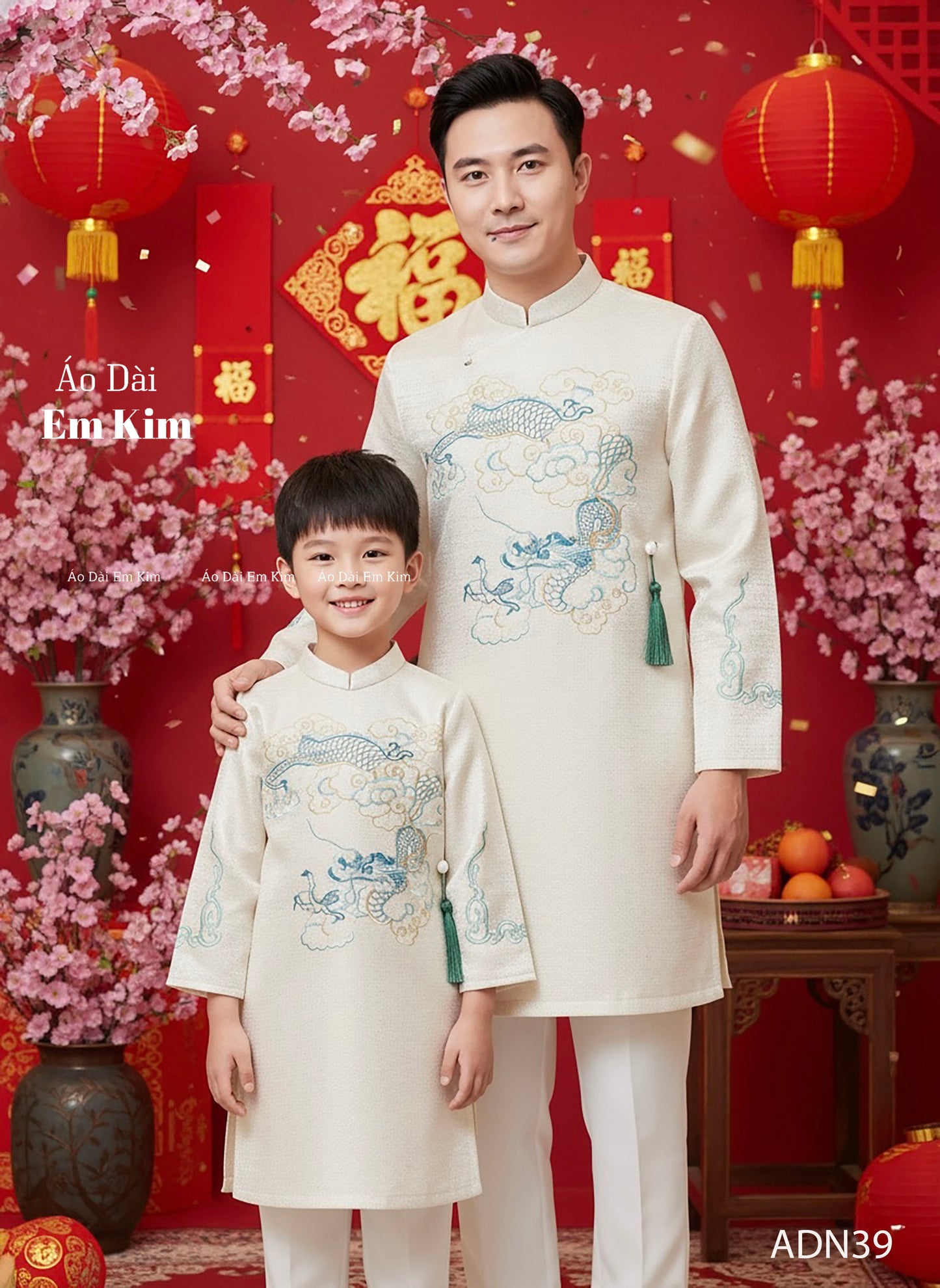 White Dragon  TH Embroidery Dad and Boy Ao dai  NO PANTS| Ao Dai Kids| Pre-made Traditional Vietnamese Ao Dai | Lunar New Year | Ao Dai for Boy |ADN39