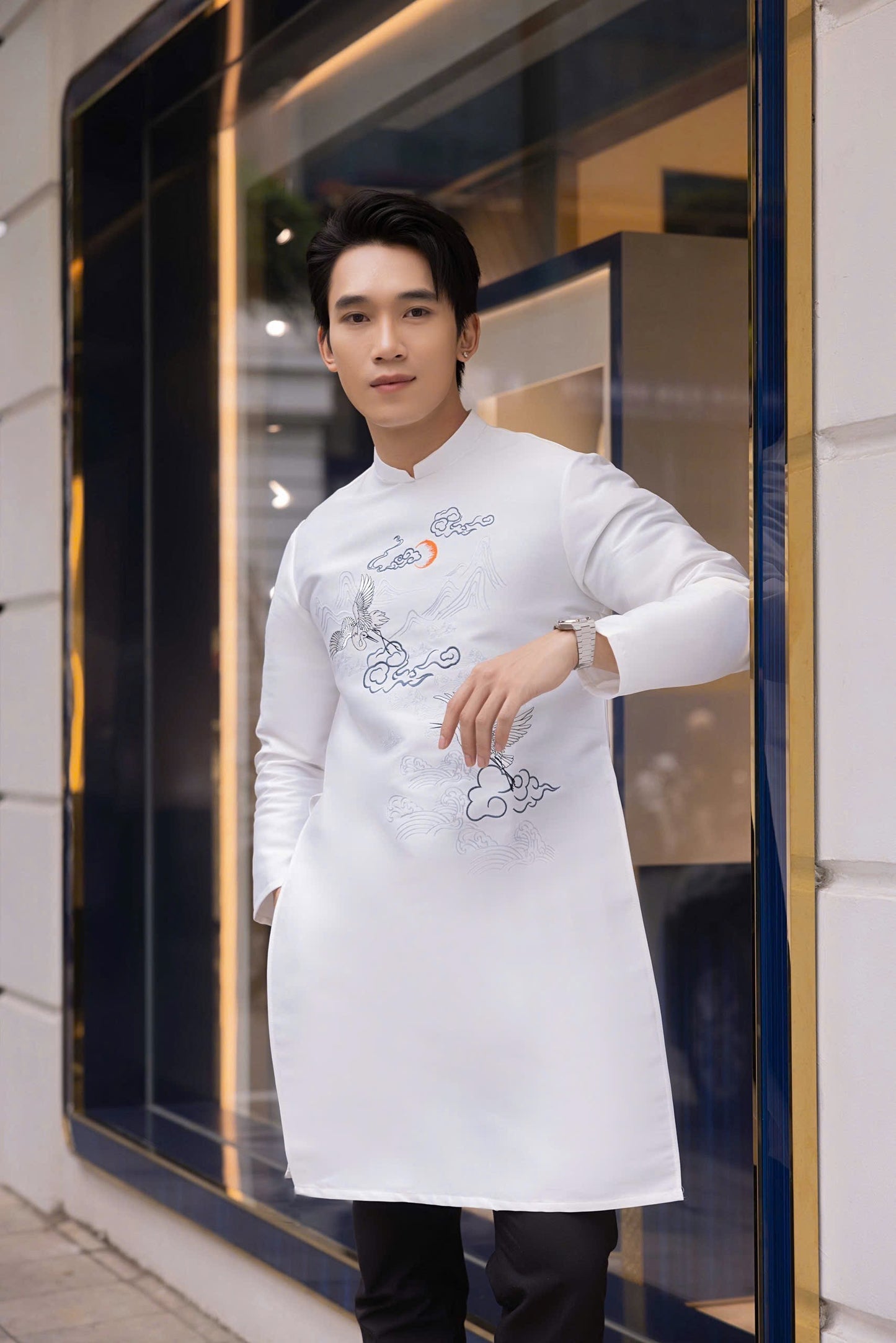 White Ao Dai with Embroidred Ocean and Bird Ao Dai Men|  Embroidery Ao Dai for mens(No pants included) |Lunar New Year | Vietnamese traditional ADN34
