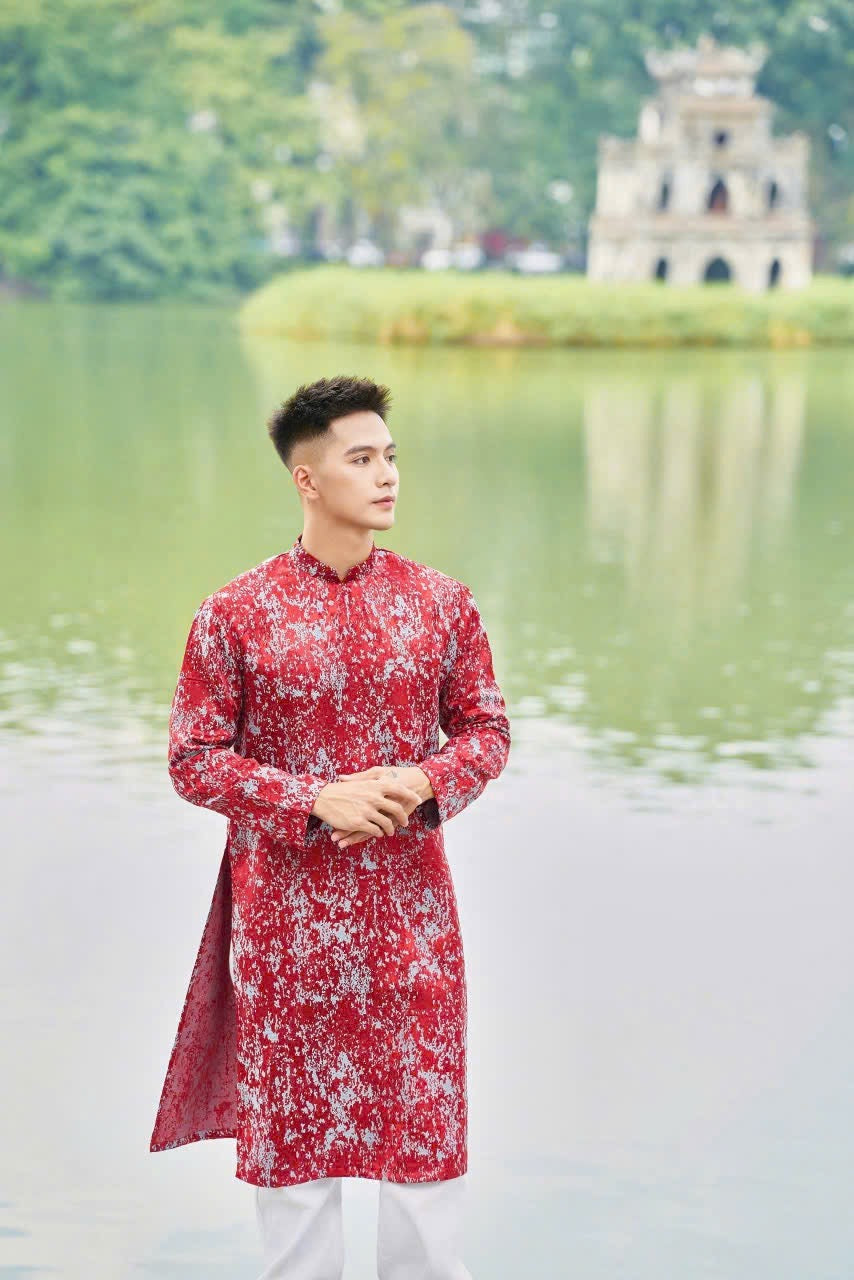 Red Ao Dai Men|printed  ao dai for men tapta(No pants included) Lunar New Year | Vietnamese traditional   ADN24