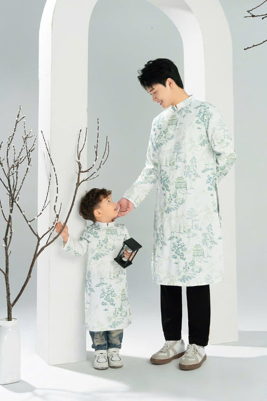 White Embroidery Dad and Boy Ao dai  NO PANTS| Ao Dai Kids| Pre-made Traditional Vietnamese Ao Dai | Lunar New Year | Ao Dai for Boy |ADN20