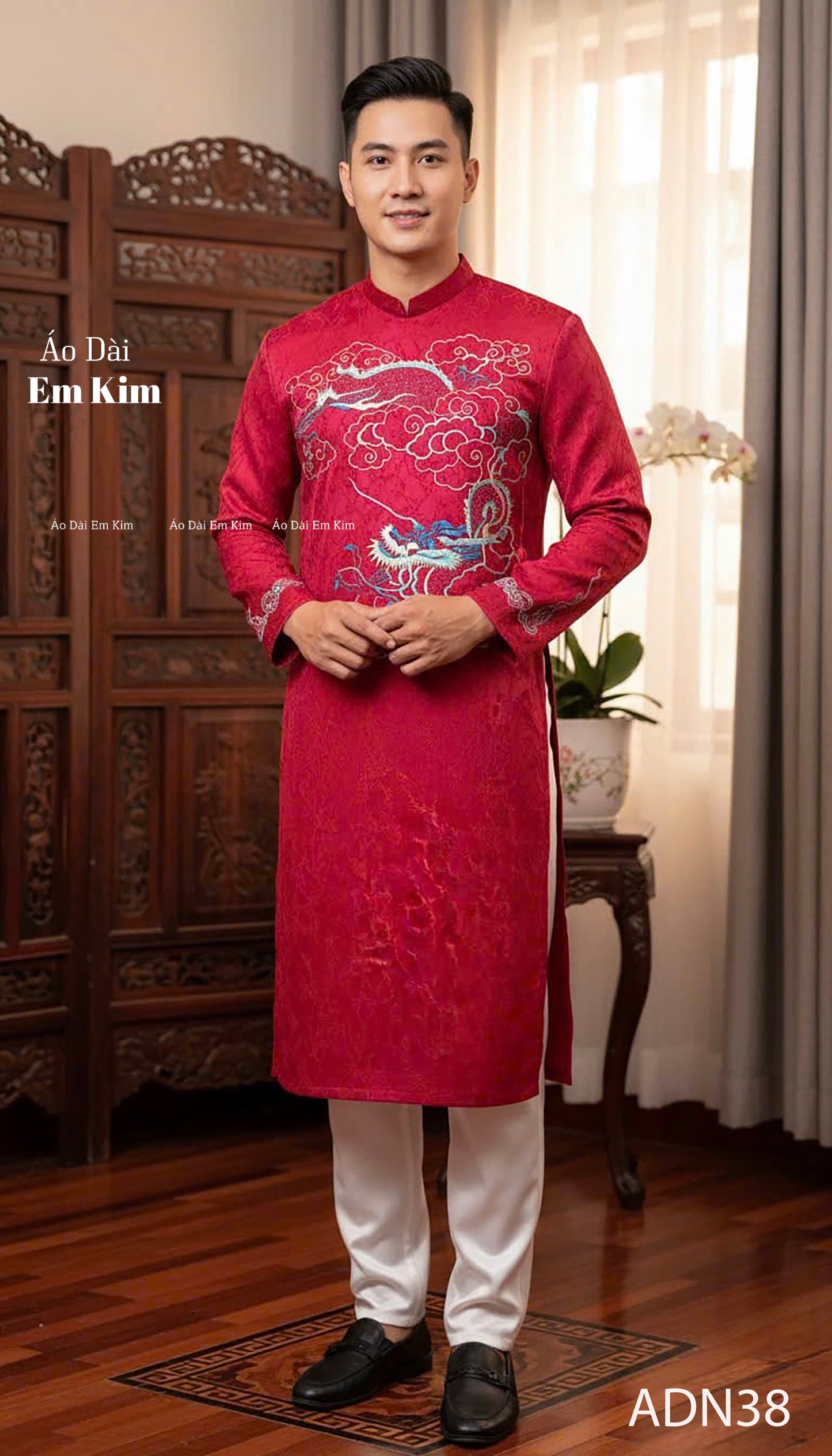 Red  Rong TH Embroidery Dad and Boy Ao dai  NO PANTS| Ao Dai Kids| Pre-made Traditional Vietnamese Ao Dai | Lunar New Year | Ao Dai for Boy |ADN38