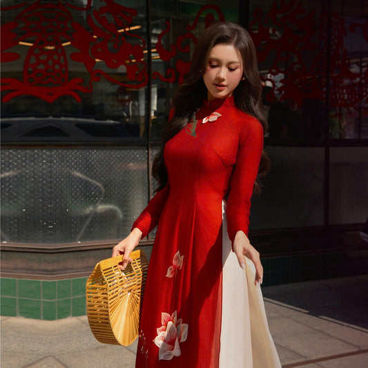 Red embroidery Modern Ao Dai | Pre-made Vietnamese Dress for Lunar New Year Ao Dai Viet Nam|Ao Dai Cach Tan with Pants S04