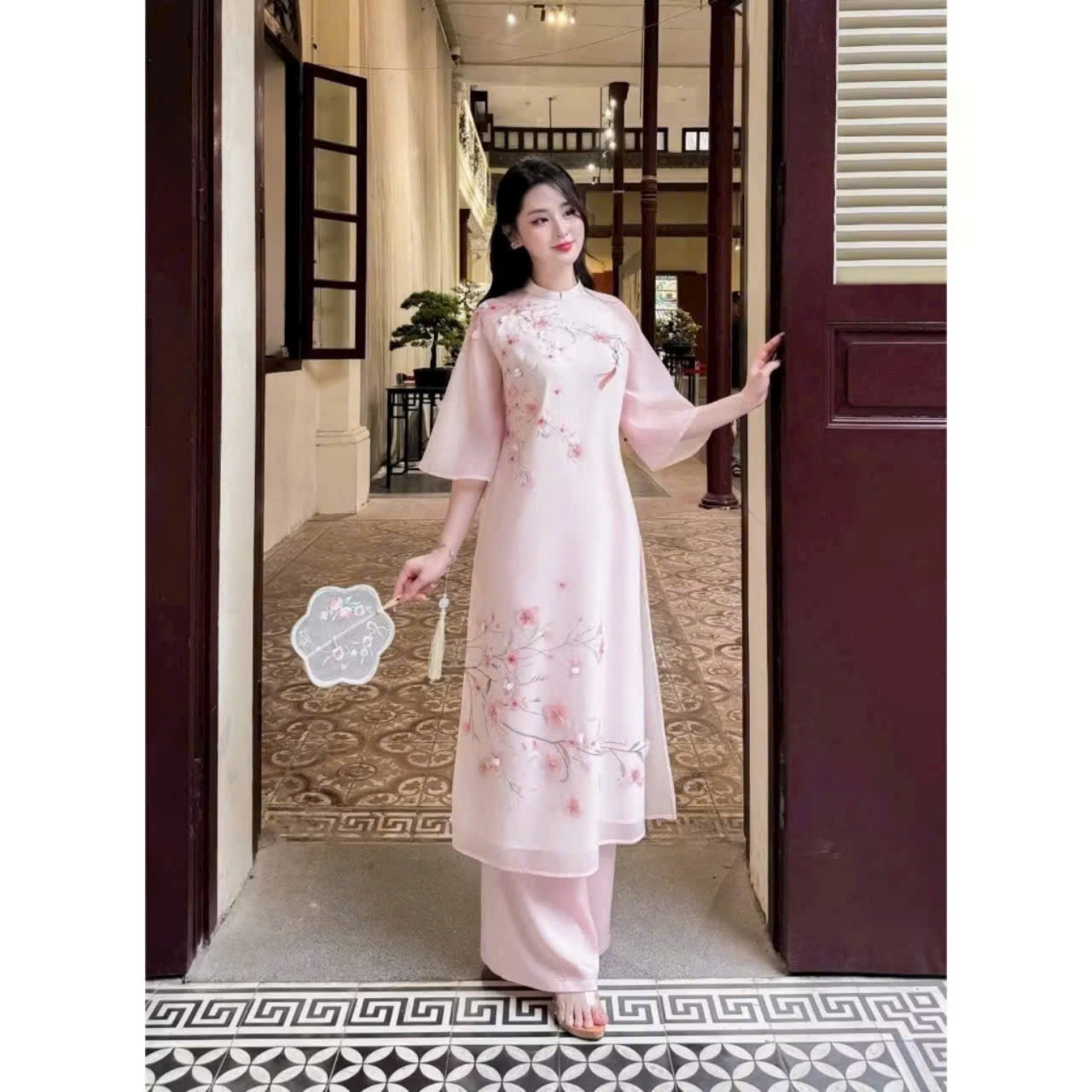 Pink   flowers Ao Dai| Pre-made Vietnamese Dress for Lunar New Year Ao Dai Viet Nam|Ao Dai Cach Tan with Pants Q23