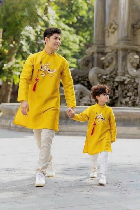 Family Yellow Embroidery modern matching Ao Dai, Pre-made Modernized Vietnamese Ao Dai, Ao Dai Lunar New Year/Matching Ao Dai Tet|GD20