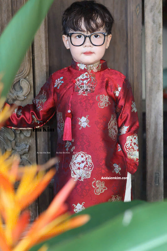 Ao Dai Boy Gấm RED ( NO PANTS)  Ao Dai Kids| | BOY13