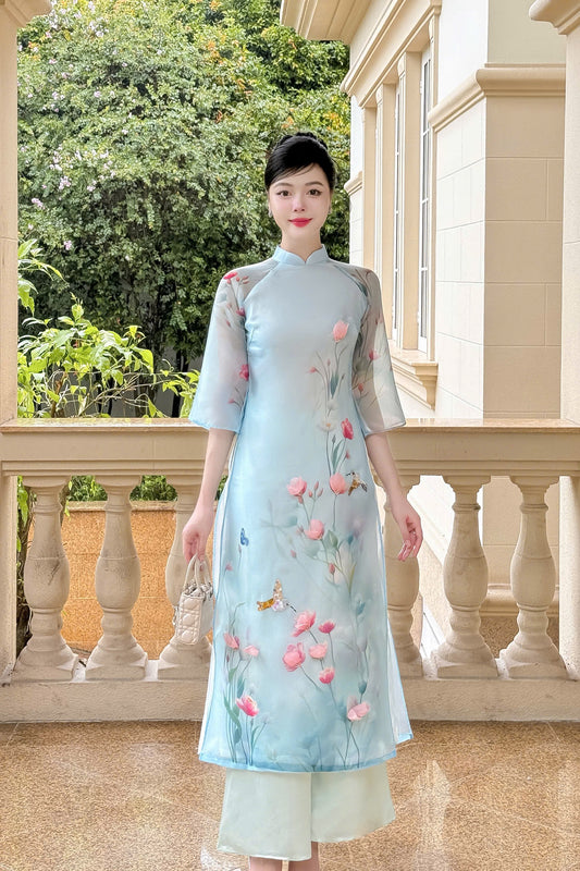 Blue organza 3D flowers design Ao Dai P04