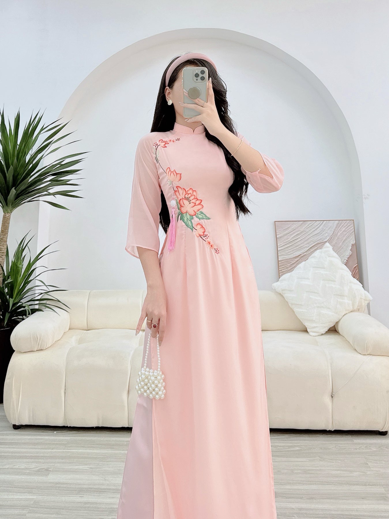 Peach Embroidery flowers silk double layers ao dai P02