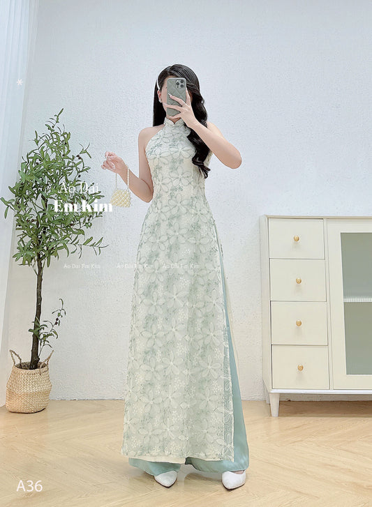Flower lace embroidery tơ thêu sleeveless Ao Dai - A36 - No Pants