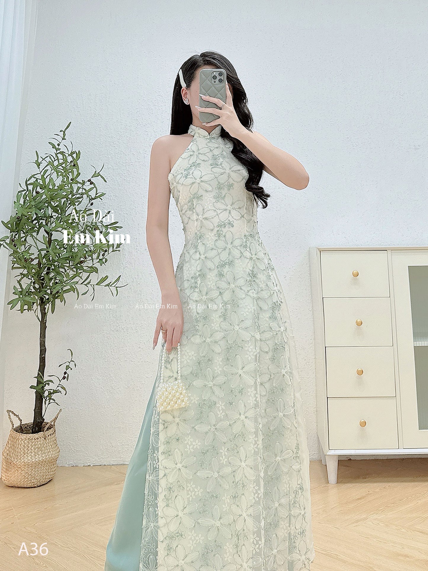Flower lace embroidery tơ thêu sleeveless Ao Dai - A36 - No Pants