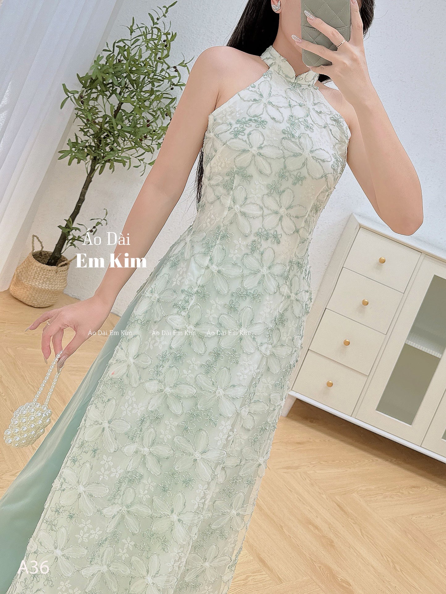 Flower lace embroidery tơ thêu sleeveless Ao Dai - A36 - No Pants