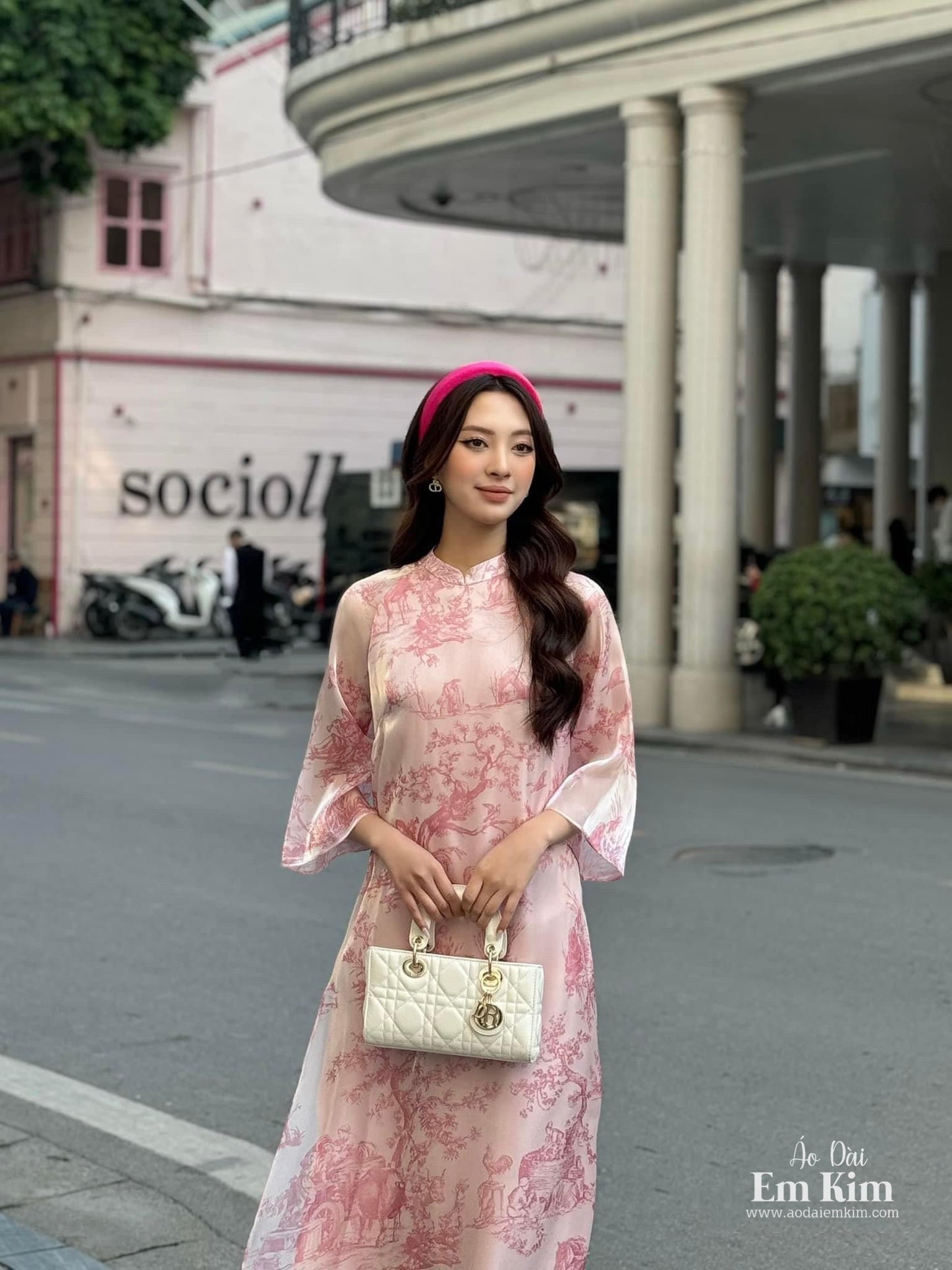 Pink/Blue Ao Dai  Modern design print silk M33