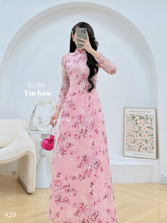 Pink miniflowers Ao Dai with headpiece A29