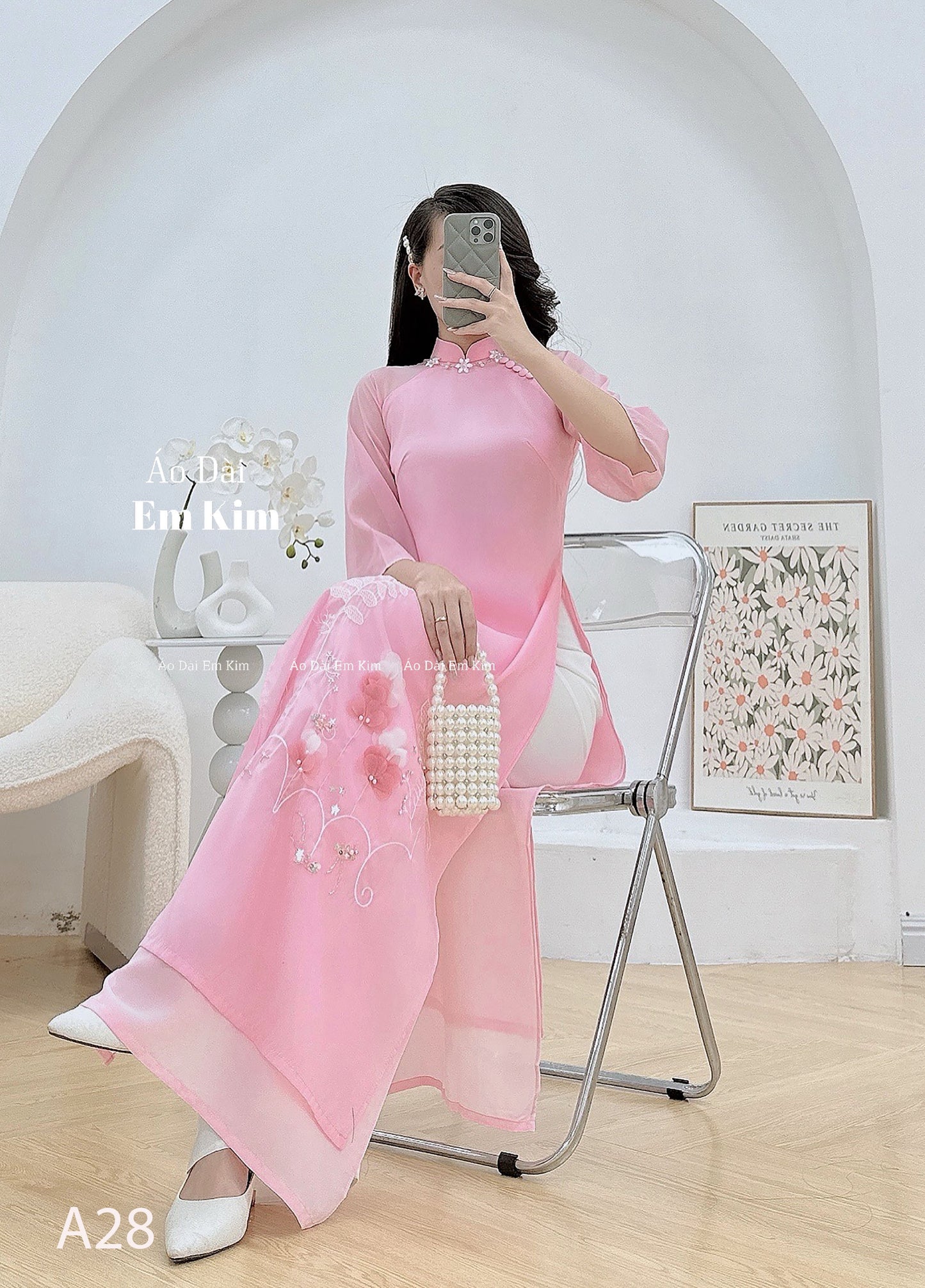 Pink tơ ao dai with design on neck A28 - No Pants