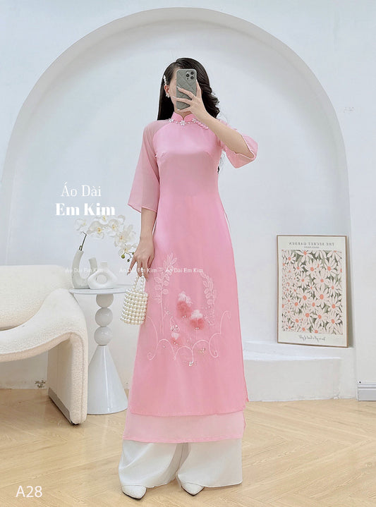 Pink tơ ao dai with design on neck A28 - No Pants