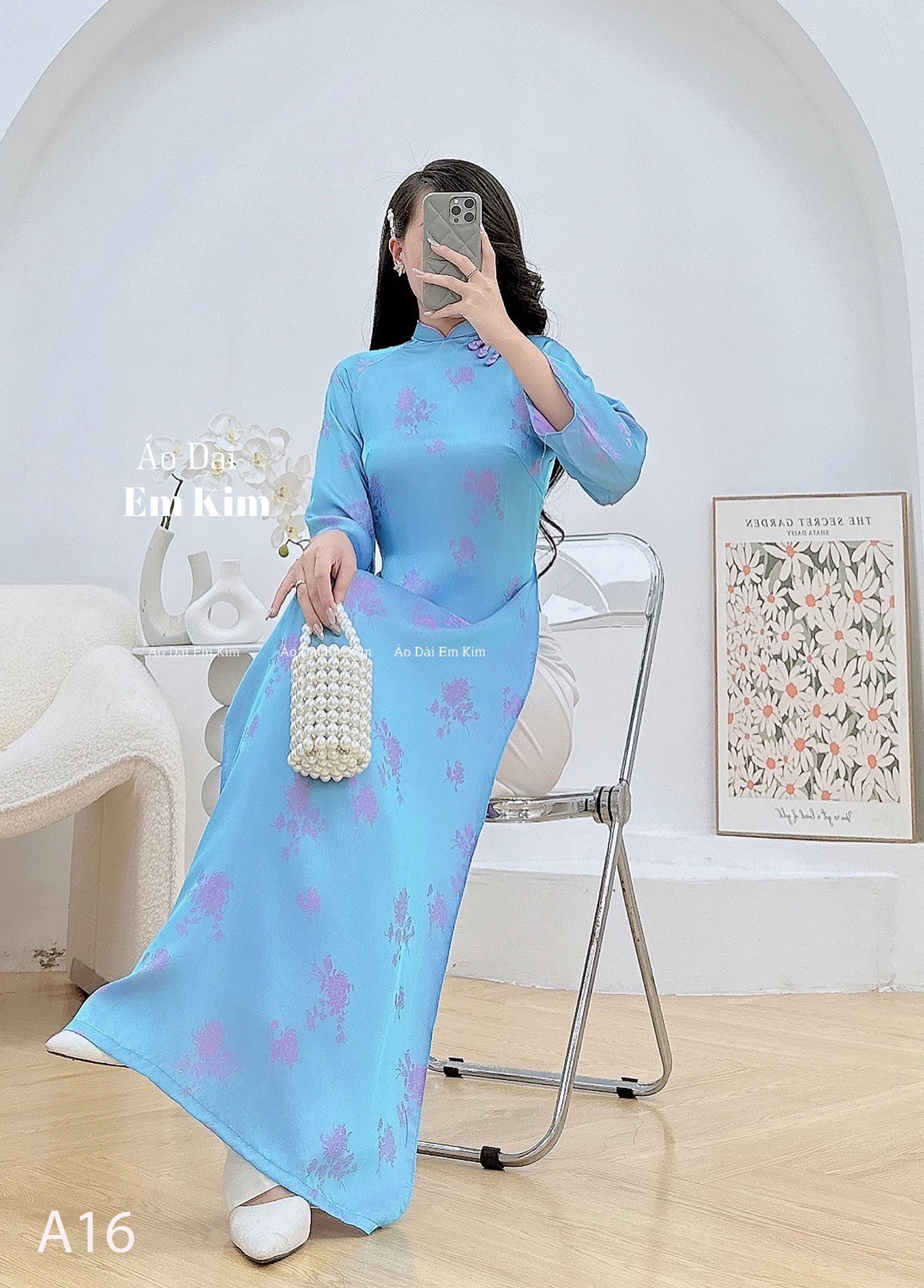 BLue silk ao dai A16 No Pants