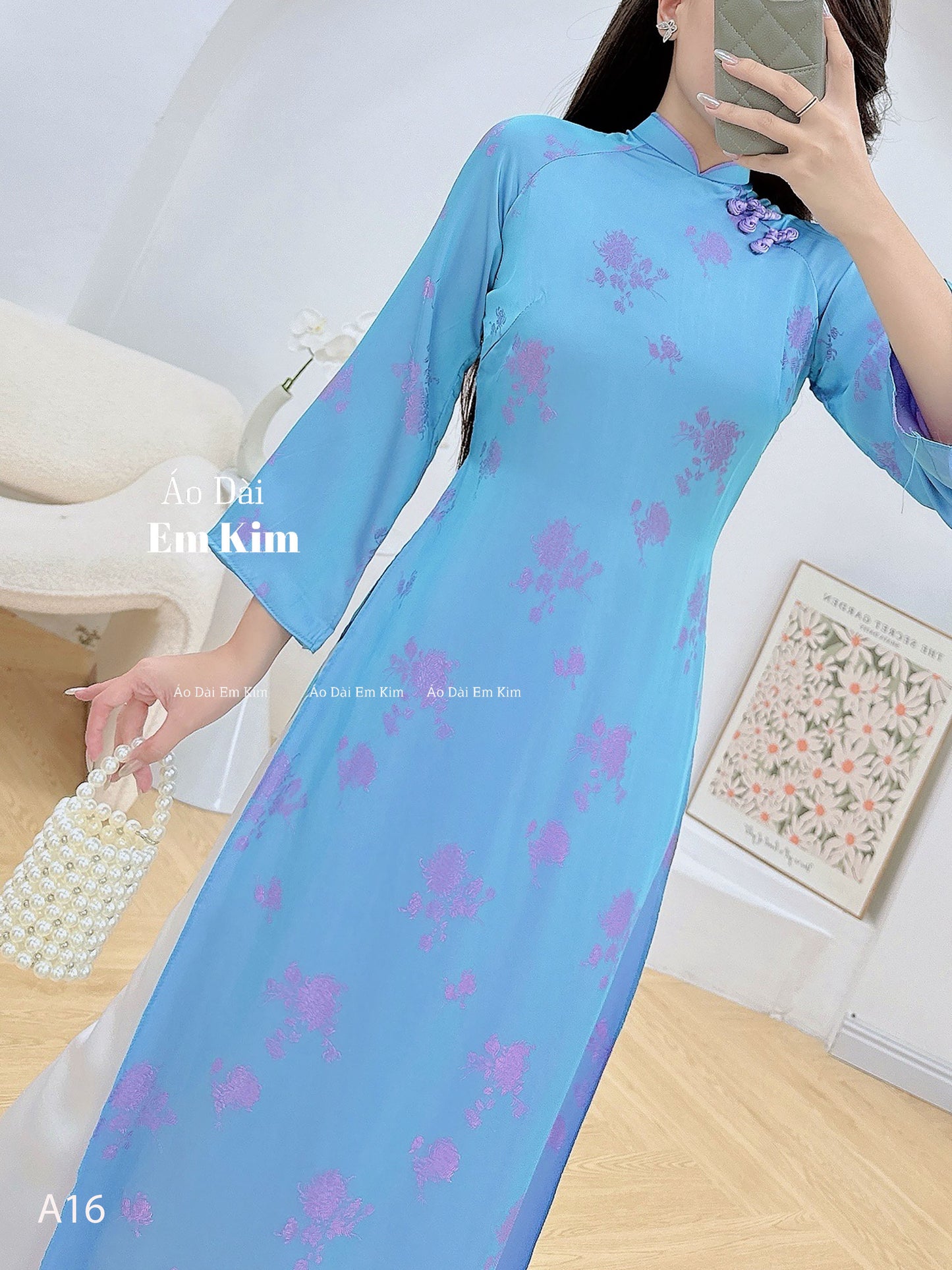 BLue silk ao dai A16 No Pants