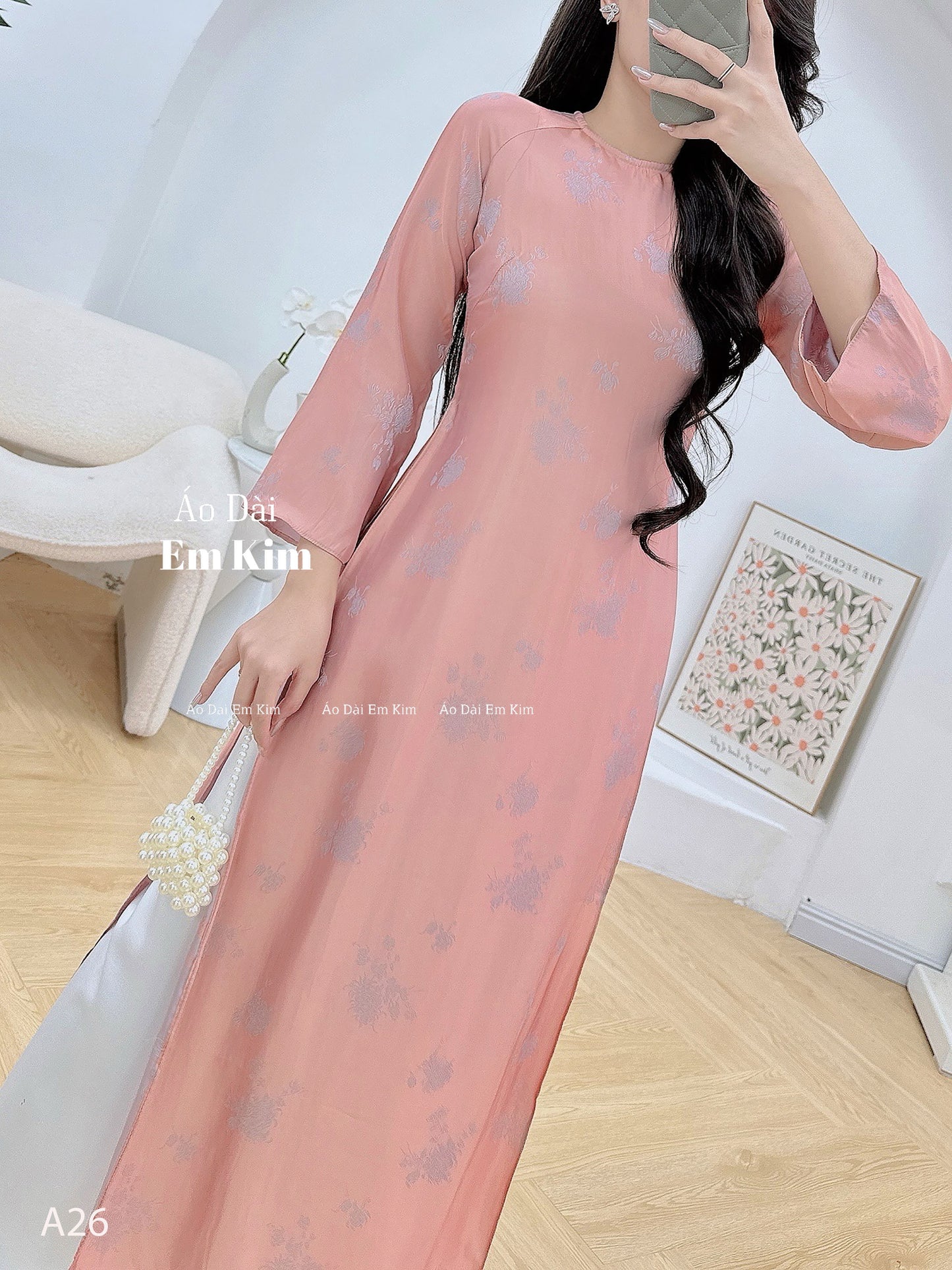 Nude silk Ao DAi loose form with button neck A26 No Pants