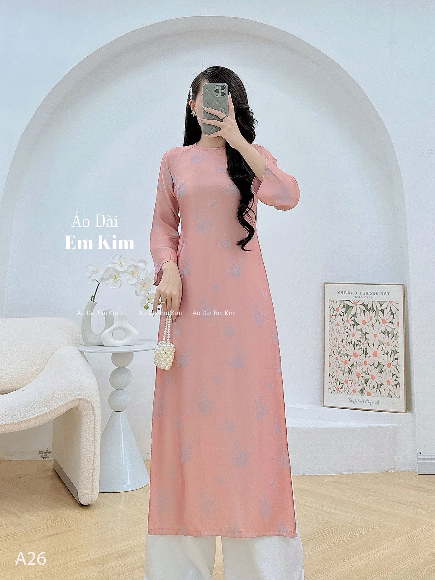 Nude silk Ao DAi loose form with button neck A26 No Pants