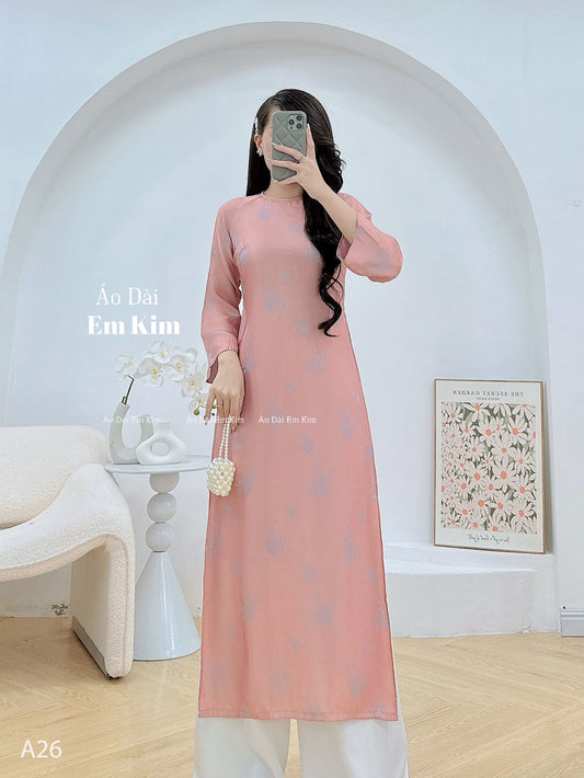 Nude silk Ao DAi loose form with button neck A26 No Pants