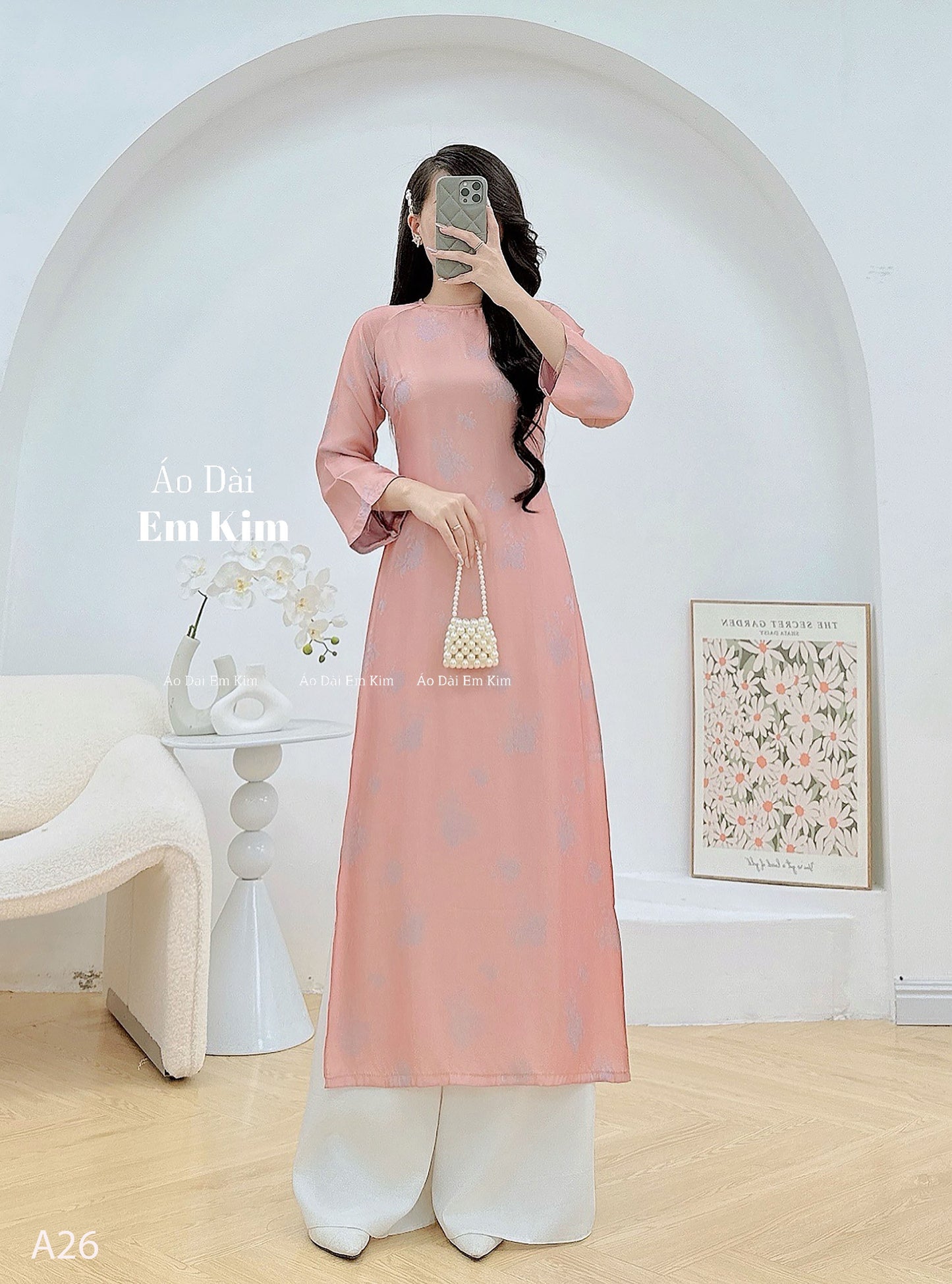 Nude silk Ao DAi loose form with button neck A26 No Pants