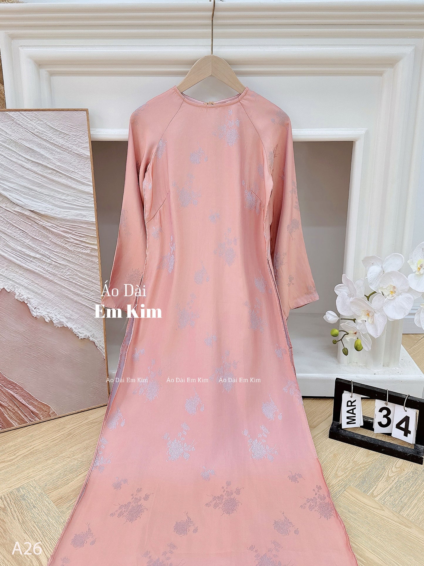 Nude silk Ao DAi loose form with button neck A26 No Pants