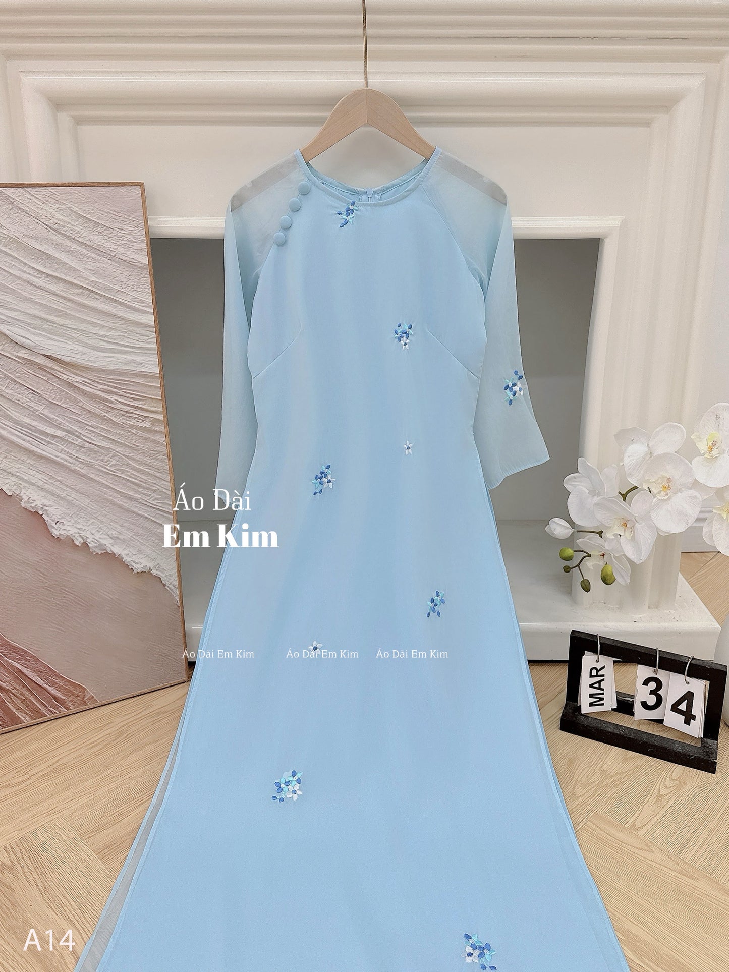 Blue silk embroidery Ao Dai A14